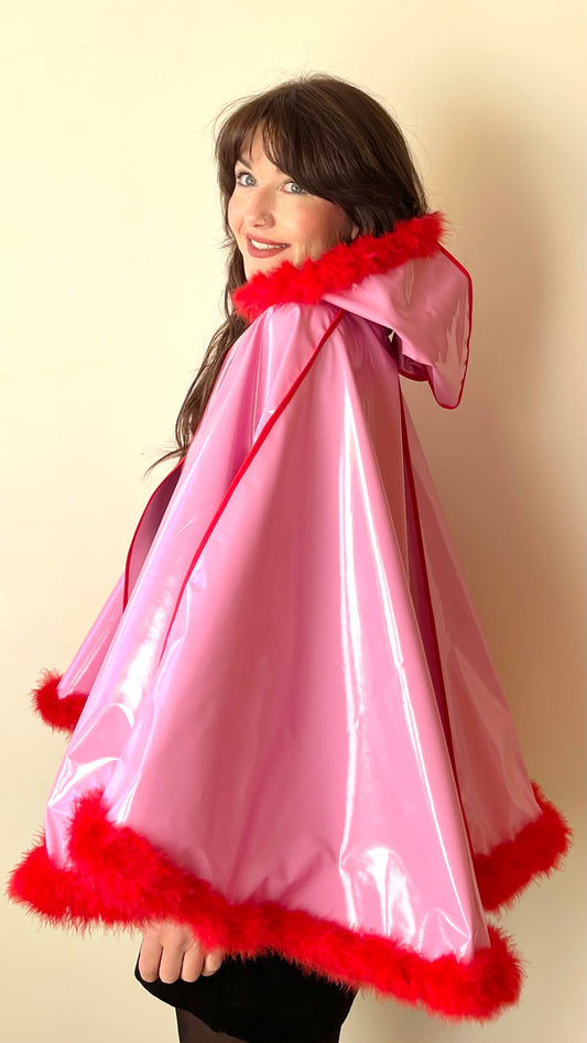 Barbie-Pink CYCLONE cape with red feather-trim